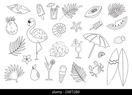 Handgezeichneter Vektor-Umriss Sommer-Set. Kritzeln Sie Palmenblätter, Früchte, Flamingo, Eis, Cocktails, Seesterne, Surfbrett. Stock Vektor