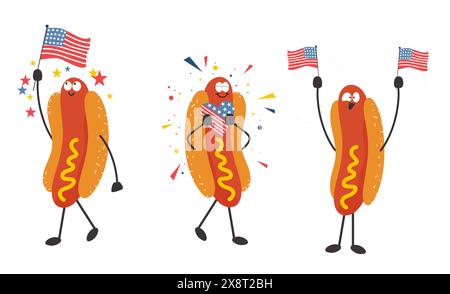 Happy Hot Dogs Maskottchen feiert den 4. Juli. Handgezeichnete Charaktere umarmen das Herz und schwenken eine amerikanische Flagge. Stock Vektor