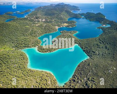 Aus der Vogelperspektive auf den Mljet Nationalpark und die Salzseen Malo Jezero (kleiner See) und Veliko Jezero (großer See) (Insel Mljet, Kroatien). Mittelmeer. Stockfoto