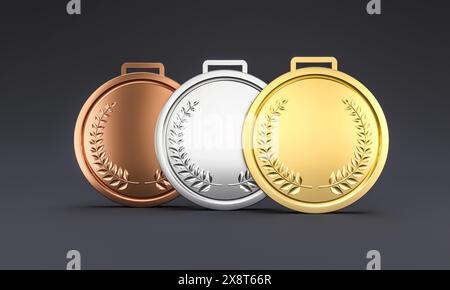 Gold-, Silber- und Bronzemedaillen mit Lorbeerkranz-Design, Preiswettbewerb Stockfoto