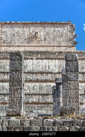 Spalten, verziert mit geschnitzten Tier Gottheiten, Gruppe der Tausend Säulen, Chichen Itza, Yucatan, Mexiko Stockfoto