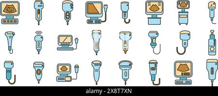 Sonographen-Symbole legen den Konturvektor fest. Klinisches Gerät. Arztdiagnose dünne Linienfarbe flach auf weiß Stock Vektor