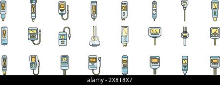 Symbole des pH-Messgeräts legen den Konturvektor fest. Chemische Säure. Biologiemessgerät, dünne Linie, flach auf weiß Stock Vektor