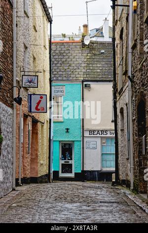 Farbenfrohe Häuser und Geschäfte an der Fore Street aus Sicht der Jetty Street Mevagissey Cornwall England Großbritannien Stockfoto