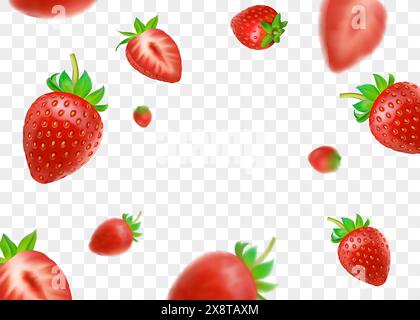 Erdbeerhintergrund. Fliegende 3D-Herbstscheiben für Werbung oder Verpackung von Saft oder Marmelade, rote saftige Lebensmittel mit frischen natürlichen Blättern, Etikett oder Banner Deko Stock Vektor
