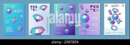 Abstrakte 3D-Poster. Verlaufende Glashintergründe mit geometrischen grafischen Würfeln, fließender futuristischer Kunstraum. Geometrische Minimalabdeckung oder Flyer, holographisch Stock Vektor