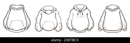 Sweatshirt-Vorlage. T-Shirt-Design. Kleidung mit Kapuze und Tasche. Outline-Pullover. Grafischer Pullover. Freizeitkleidung. Übergroßer Schweiß. Weißer Unisex ap Stock Vektor