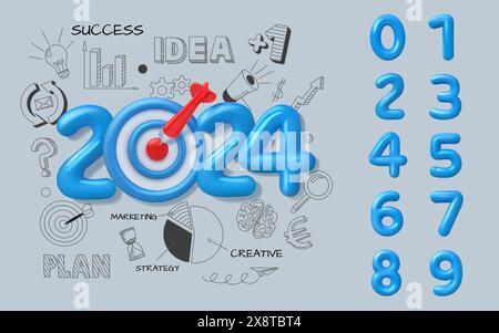 2025 Geschäftsstrategie. Erfolgsziel. Nummeriert 3D-Schriftart. Symbol "Finanzplan". Projektziel. Markenwirtschaft und Finanzwachstum für Unternehmenskalender. M Stock Vektor