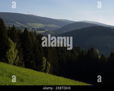 Windräder auf einem bewaldeten Berg, Windpark Pretul, bei Ratten, Steiermark, Österreich Stockfoto