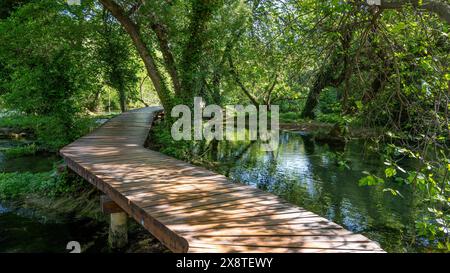 Holzsteg im Nationalpark Krka, Krka Wasserfälle, Dalmatien, Kroatien Stockfoto