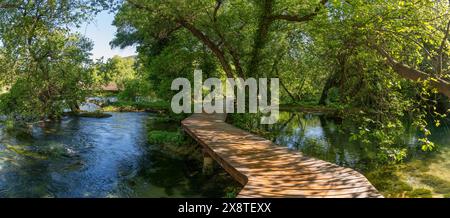 Holzsteg im Nationalpark Krka, Krka Wasserfälle, Dalmatien, Kroatien Stockfoto