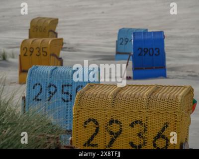 Nahaufnahme von bunten nummerierten Liegen am breiten Sandstrand, Strand mit bunten Liegen und grasbewachsenen Dünen am Meer, Juist Stockfoto