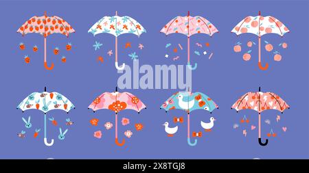 Niedliche Regenschirme. Herbst-Regenkollektion. Offenes modisches farbenfrohes Accessoire. Jahreszeit Wetter. Fallende Blumen und Früchte. Cartoon regnete Enten und Kaninchen. Stock Vektor
