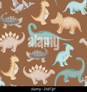 Dinosaurier Aquarell nahtloses Muster. Niedliches Dino-Babymuster. Handgezeichnet auf isoliertem braunem Hintergrund. Zeichentrickzeichnung für Tierfiguren. Lustige Illustration für Stoffe und Kinderbettwäsche. Stockfoto
