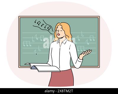 Eine Sängerin singt neben der Tafel mit Notizen und hilft den Schülern, ihre Stimme zu entwickeln. Ein Mädchen hält eine Zeitschrift und singt, die sich als professionelle Sängerin oder Audiokompostin etablieren möchte Stock Vektor