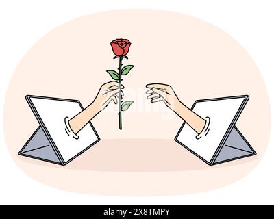 Hand mit Rose in Tablet ist eine Metapher für Online-Beziehungen und Dating mit digitalen Gadgets. Online-Flirten und Versenden virtueller Geschenke über die App für soziale Netzwerke für das Konzept von Fernbeziehungen Stock Vektor
