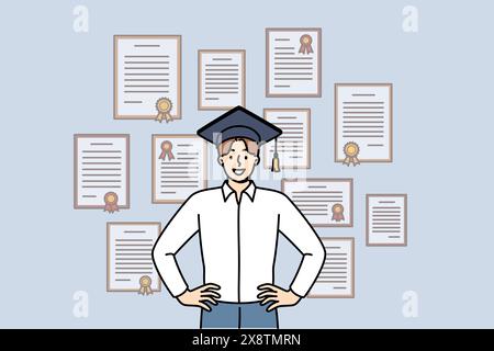 Man-Absolvent steht im akademischen Hut nahe der Wand mit Diplomen von fortgeschrittenen Business-Kursen. Guy ist Absolvent und stolz auf gute Ausbildung und Verfügbarkeit von Dokumenten, die Qualifikationen bestätigen Stock Vektor