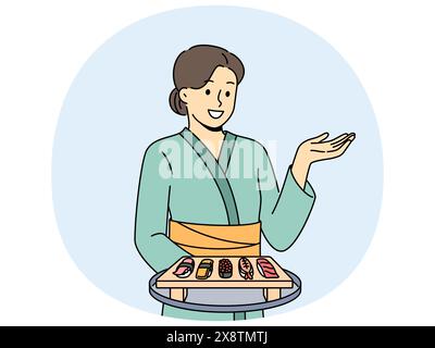 Sushi-Meister mit Maki-Vorspeise auf Holztablett in traditionellem asiatischem Kimono. Das Mädchen arbeitet im japanischen Restaurant und serviert den Besuchern Sushi von Reis und frische Meeresfrüchte. Stock Vektor