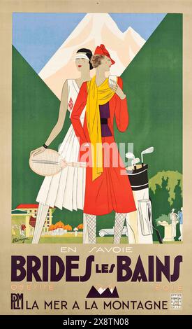 Vintage-Sportreise-Poster - Golf und Tennis im Brides les Bains en Savoie, Frankreich. Von Leon Benigni 1929 Stockfoto