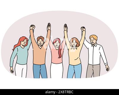 Freundliches Team, das Händchen hält und lächelt, um das Konzept einer erfolgreichen Zusammenarbeit zum Erreichen ehrgeiziger Ziele zu entwickeln. Ein Team von Studenten oder Kollegen aus Männern und Frauen freut sich über den Abschluss des gemeinsamen Projekts Stock Vektor