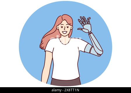 Glückliches Mädchen winkt Prothesenhand, um neue mechanische Roboterhand zu demonstrieren, die auf der Basis innovativer Technologien hergestellt wurde. Eine Frau, die bei einem Autounfall oder Unfall den Arm verloren hat, begrüßt Sie mit einer neuen Prothese Stock Vektor