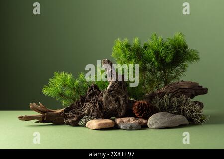 Abstrakte Naturszene mit einer Komposition aus Fichtenzweigen, Steinen und Trockenschnäppchen. Traditioneller japanischer Bonsai-Miniaturbaum auf grünem Hintergrund. Stockfoto