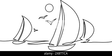 Yachten auf Meereswellen. Möwe am Himmel. Durchgehende Linienzeichnung. Vektorabbildung. Isoliert auf weißem Hintergrund Stock Vektor