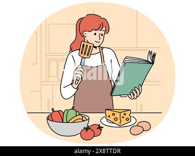 Eine Frau mit Kochbuch steht in der Küche und möchte köstliches Abendessen und Gemüse und Käse mit Eiern kochen. Die Küchenchefin in der Schürze verwendet beim Zubereiten von Salat oder Vorspeisen ein Kochbuch Stock Vektor