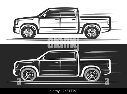 Vektor-Logo für Pickup-LKW, dekorative Kfz-Banner mit einfacher Konturabbildung von Line Art monochrome moderne Pickup-LKW in Bewegung, Runn Stock Vektor