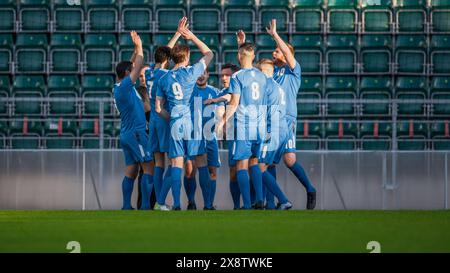 Profi-Fußball-Team-Training, Taktisches Coaching: Fußball-Coach erklärt den Spielern Strategie, Taktik und Trainingsplan. Trainer High Fünf Athleten, Turnier Beginnt. Stockfoto