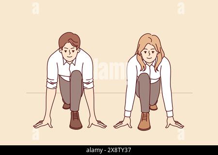 Geschäftsleute stehen in der Pose von Läufern und bereiten sich auf den Start vor, als Metapher für den Wettbewerb der Kollegen. Geschäftswettbewerb Mann und Frau, die anfangen, um eine freie Stelle im Unternehmen zu kämpfen Stock Vektor