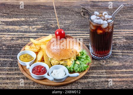 Lernen Sie den Burger kennen, der geschmolzenen Cheddar-Käse und Barbecue-Burger auf einem Holzboden bietet. Cheese Burger Cheddar im Holzhintergrund Stockfoto
