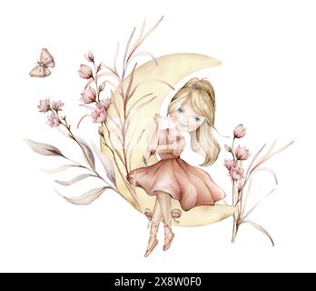 Die blonde Ballerina für junge Mädchen in rosa Kleid und Stiefeln sitzt auf dem gelben Mond. Boho Pflanzen und Blumen elegant und Schmetterling. Handgezeichnet Stockfoto