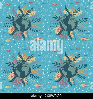 Das nahtlose Muster mit dem Planeten Erde und Fisch wiedergibt. Stock Vektor