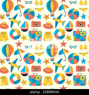Farbenfrohes, nahtloses Muster mit Elementen für den Sommer, wie Koffer, Kamera, Regenschirm. Einfache Zeichentricksymbole für Urlaub, Entspannung am Strand. Stock Vektor