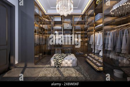 3D-Rendering von Garderobe, Ankleidezimmer Stockfoto