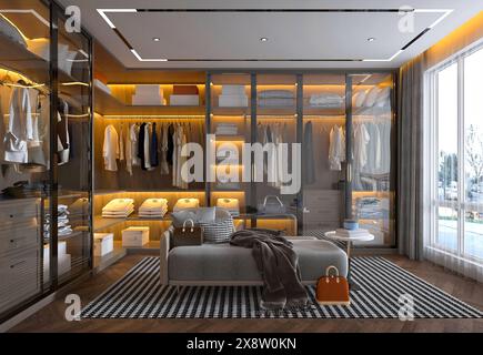 3D-Rendering von Garderobe, Ankleidezimmer Stockfoto