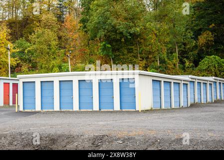 Reihen von Selbstlagereinheiten mit bunten Herbstbäumen im Hintergrund Stockfoto