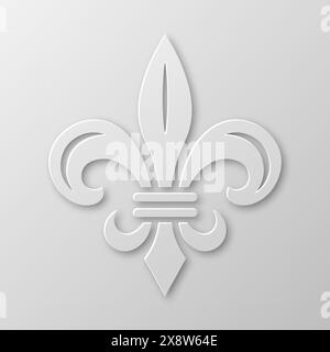 Vector Realistic Paper 3D Fleur De Lis Nahaufnahme auf weißem Hintergrund. Heraldisches Lily-Zeichen, Vektorbild Stock Vektor