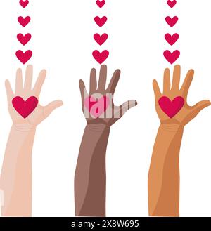 Flache Vektor-Illustration von Händen verschiedener Nationalitäten, die Herzen halten. Verschiedene Nationalitäten zusammen für Teamarbeit, Einheit oder Vielfalt. Stock Vektor