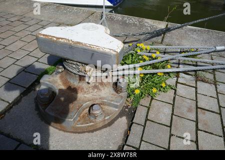 Stabiler Schiffspoller aus Metall mit Leinen im Hafen Stockfoto