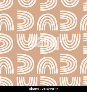 Nahtloses Vektormuster geometrischer Boho weißer Regenbogen auf warmem Braun, Kindertextilien, Babyverpackung. Vektorabbildung Stock Vektor