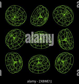 Mit Drahtdarstellung versehene Formen. Perspektivisches Netz, 3D-Raster. Geometrische Elemente mit niedrigem Poly. Futuristische Retro-Designelemente im y2k-, Vaporwave- und Synthwave-Stil Stock Vektor