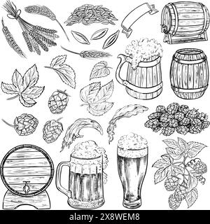 Ein Set mit Bierelementen. Holzfässer und Bierbecher, Malz und Hopfen. Handgezeichnete Illustrationen mit Schwarzweiß-Vektorgrafiken. Clipart für den Stock Vektor