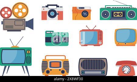 Vintage-Medien. Fotokameras, fernsehbildschirme und Radio. Filmkamera, Retro-Telefon und Audioplayer. Isolierte, flache, alte digitale Technologien, anständige Vektoren Stock Vektor