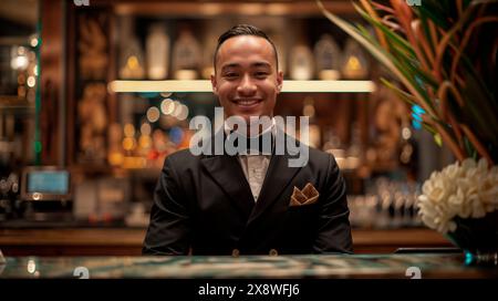 Lächelnder asiatischer Transgender-Kellner in einem Smoking, der Gäste in einer luxuriösen Hotelbar bedient. Stockfoto