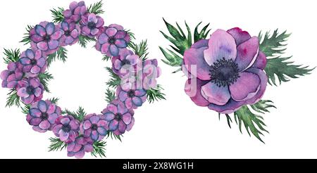 Vektor Anemone Blumen Rahmen und Blumenstrauß in hellen lila Farben. Handgezeichnete Aquarellblume Illustration isoliert auf weiß. Botanische Kunst für Stock Vektor