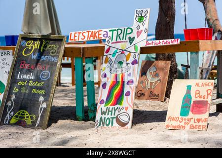 Strandbars, die den Verkauf halluzinogener „Zauberpilze“ auf der Insel Gili Trawangan in Indonesien bewerben Stockfoto