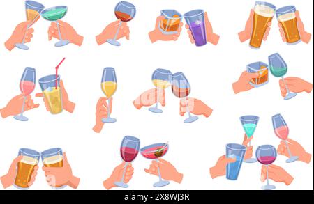 Alkoholgetränke in den Händen. Leute halten transparente Gläser mit Whiskey Wodka Champagner Cocktail exakte Vektor Party Toast Stock Vektor