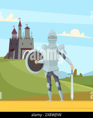 Ritter tapferer alter Soldat in Rüstung geschütztes Schloss Zeichentrickfilm Illustration Stock Vektor